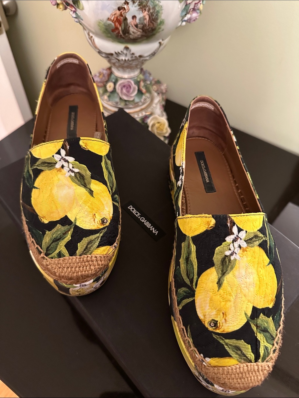 Dolce & Gabbana Black Espadrille Flats with Yellow Lemon Print